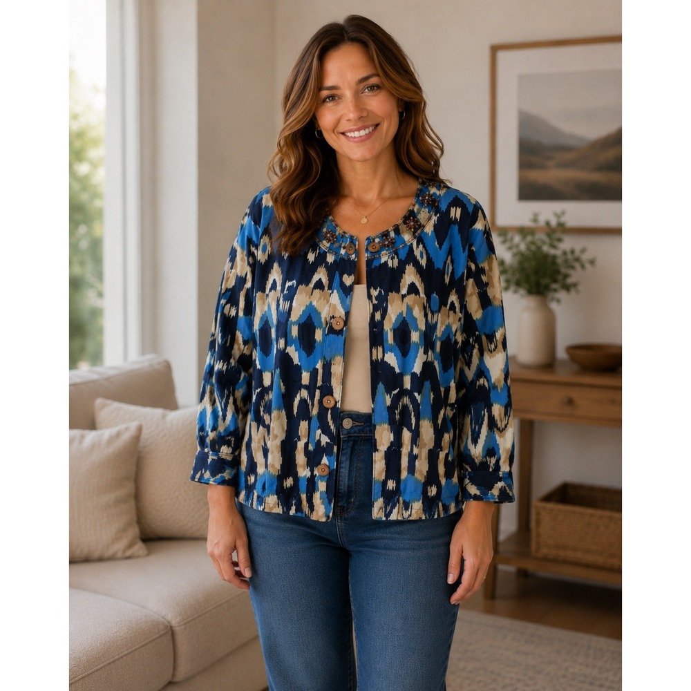 Choices Beaded Ikat Jacket Women XL Blue Tan Cotton Boho‎ Western Vibes
